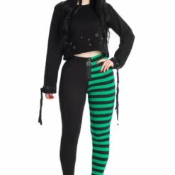 Banned Apparel Banned Half Black Half Stripes Leggings - Green Ladies