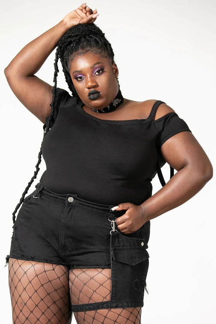 New Arrivals Killstar Fury Road Denim Garter Shorts | Plus Size Ladies Trousers 8 New Arrivals Killstar Fury Road Denim Garter Shorts