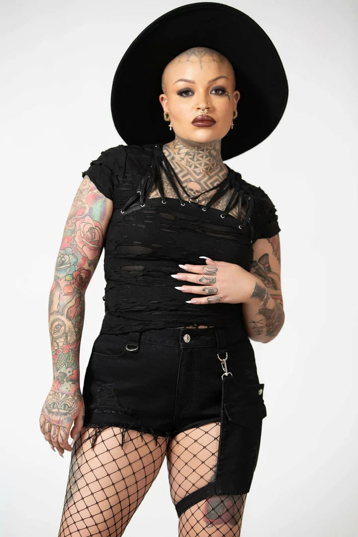 New Arrivals Killstar Fury Road Denim Garter Shorts | Plus Size Ladies Trousers 3 New Arrivals Killstar Fury Road Denim Garter Shorts