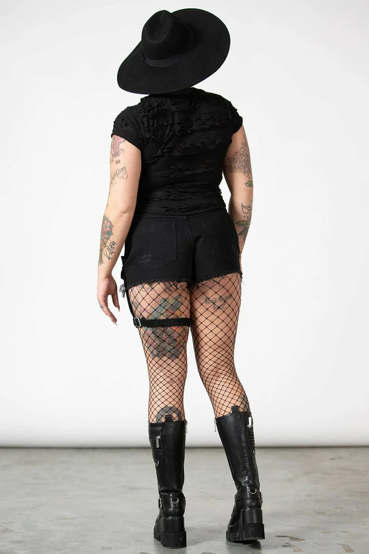 New Arrivals Killstar Fury Road Denim Garter Shorts | Plus Size Ladies Trousers 7 New Arrivals Killstar Fury Road Denim Garter Shorts