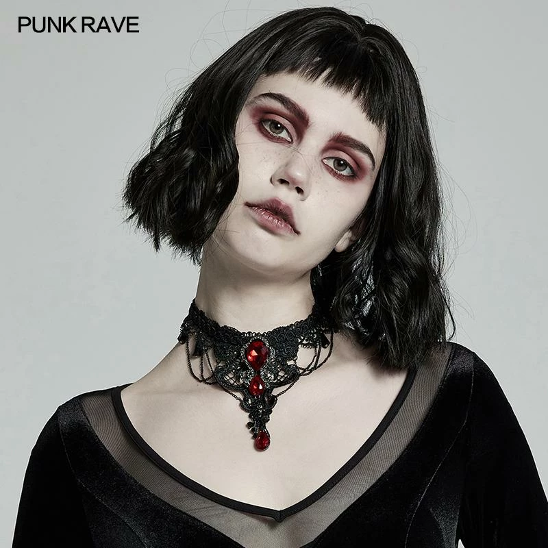 Punk Rave Crimson Gem Choker - Gothic Necklace Accessory for Women & Men 3 Accessories Punk Rave Crimson Gem Choker