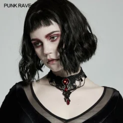 Punk Rave Crimson Gem Choker - Gothic Necklace Accessory for Women & Men 11 Accessories Punk Rave Crimson Gem Choker
