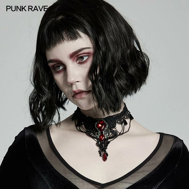 Punk Rave Crimson Gem Choker - Gothic Necklace Accessory for Women & Men 5 Accessories Punk Rave Crimson Gem Choker