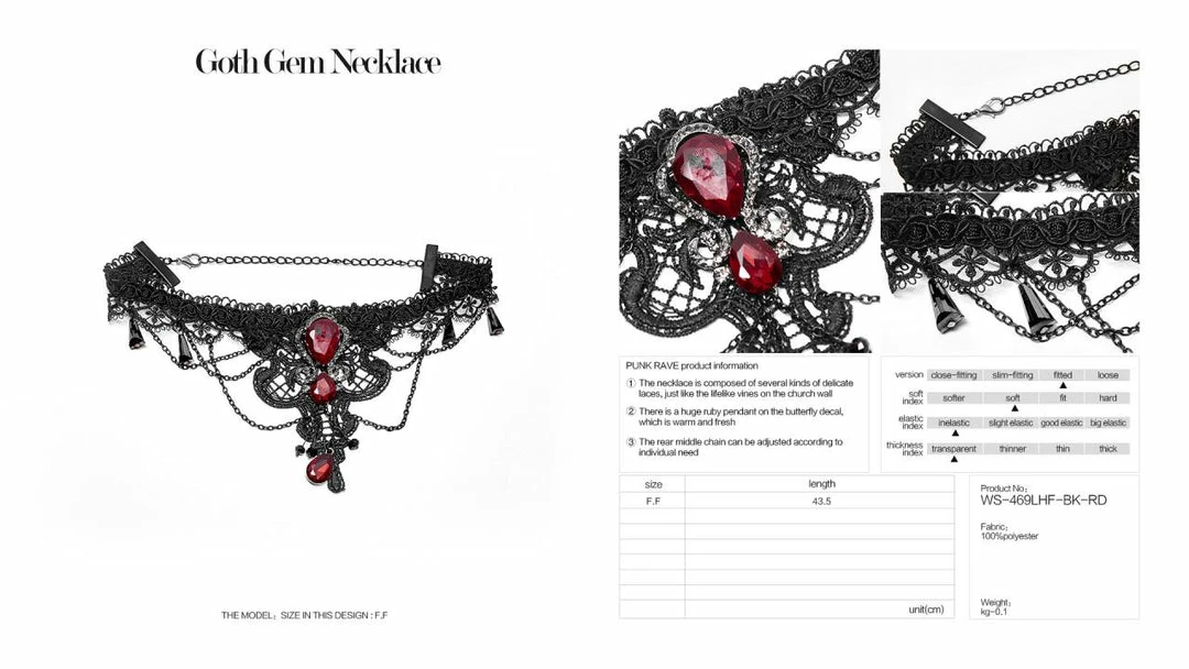 Punk Rave Crimson Gem Choker - Gothic Necklace Accessory for Women & Men 9 Accessories Punk Rave Crimson Gem Choker