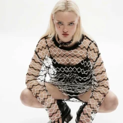 Ladies Punk Rave Diamond Mesh Longline Tee