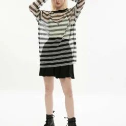 Punk Rave Stripe Mesh Longline Tee Ladies