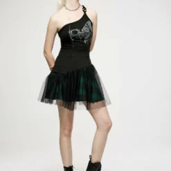 Ladies Punk Rave Gianna Mesh Overlay Skirt - Black & Green