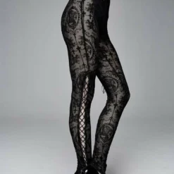 Devil Fashion Black On Black Velvet Embossed Baroque Leggings