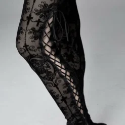 Devil Fashion Black On Black Velvet Embossed Baroque Leggings